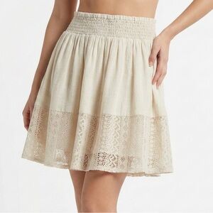 Joe B Cream Beige Lace Crochet Smocked Waist Boho Peasant Mini Skirt Size Large